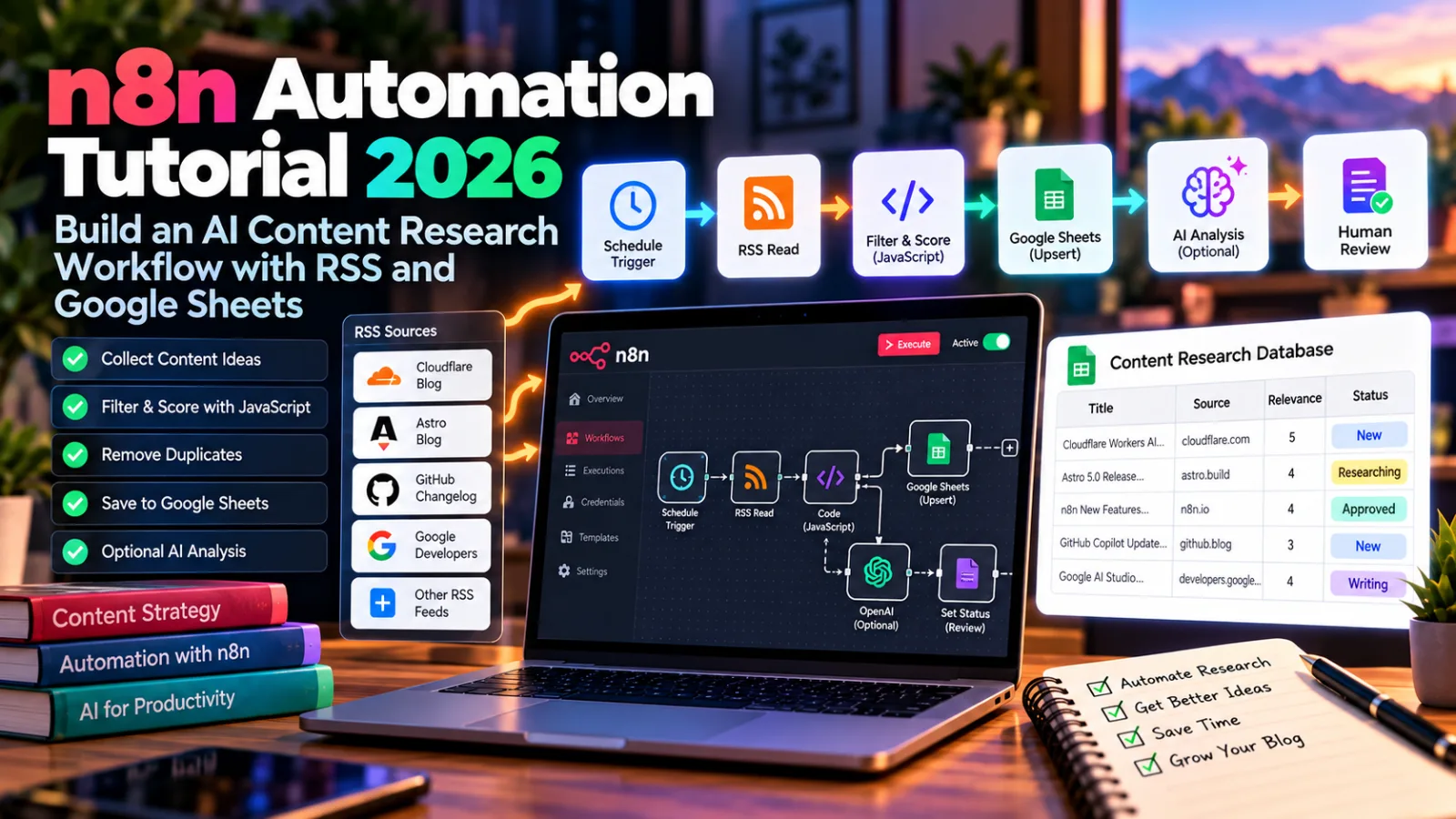 n8n Automation Tutorial 2026: Build an AI Content Research Workflow with RSS and Google Sheets
